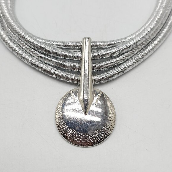 Silver Layered Choker Necklace With Round Textured Pendant Adjustable Chain - Picture 2 of 6